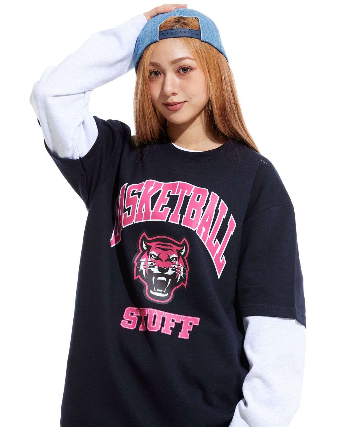 스터프(STUFF) 핑크 타이거 레이어드 롱슬리브 티셔츠 네이비