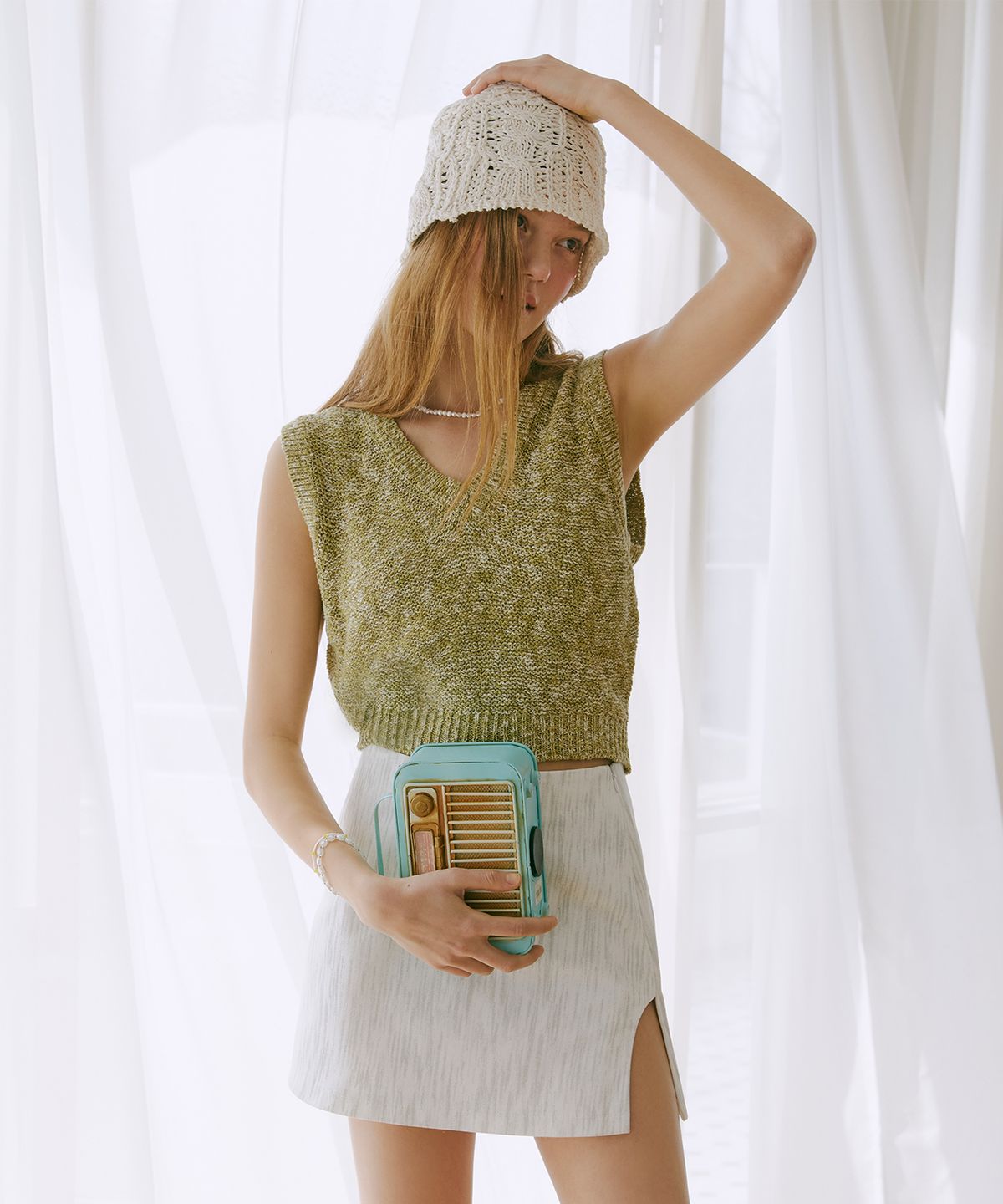 에트몽(ETMON) Round Slit Mini Skirt  Khaki