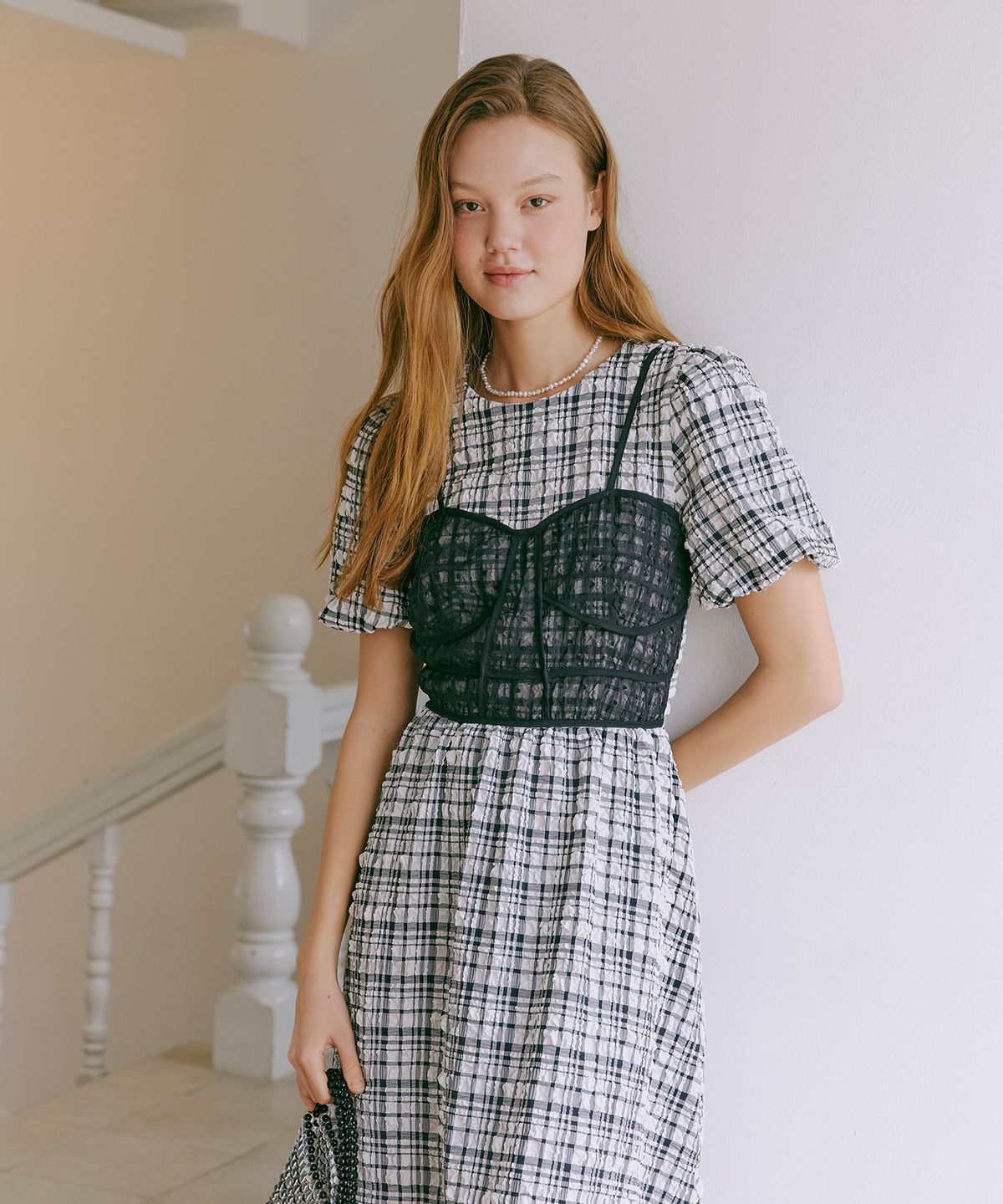 에트몽(ETMON) Check Bubble Bustier Dress  Black