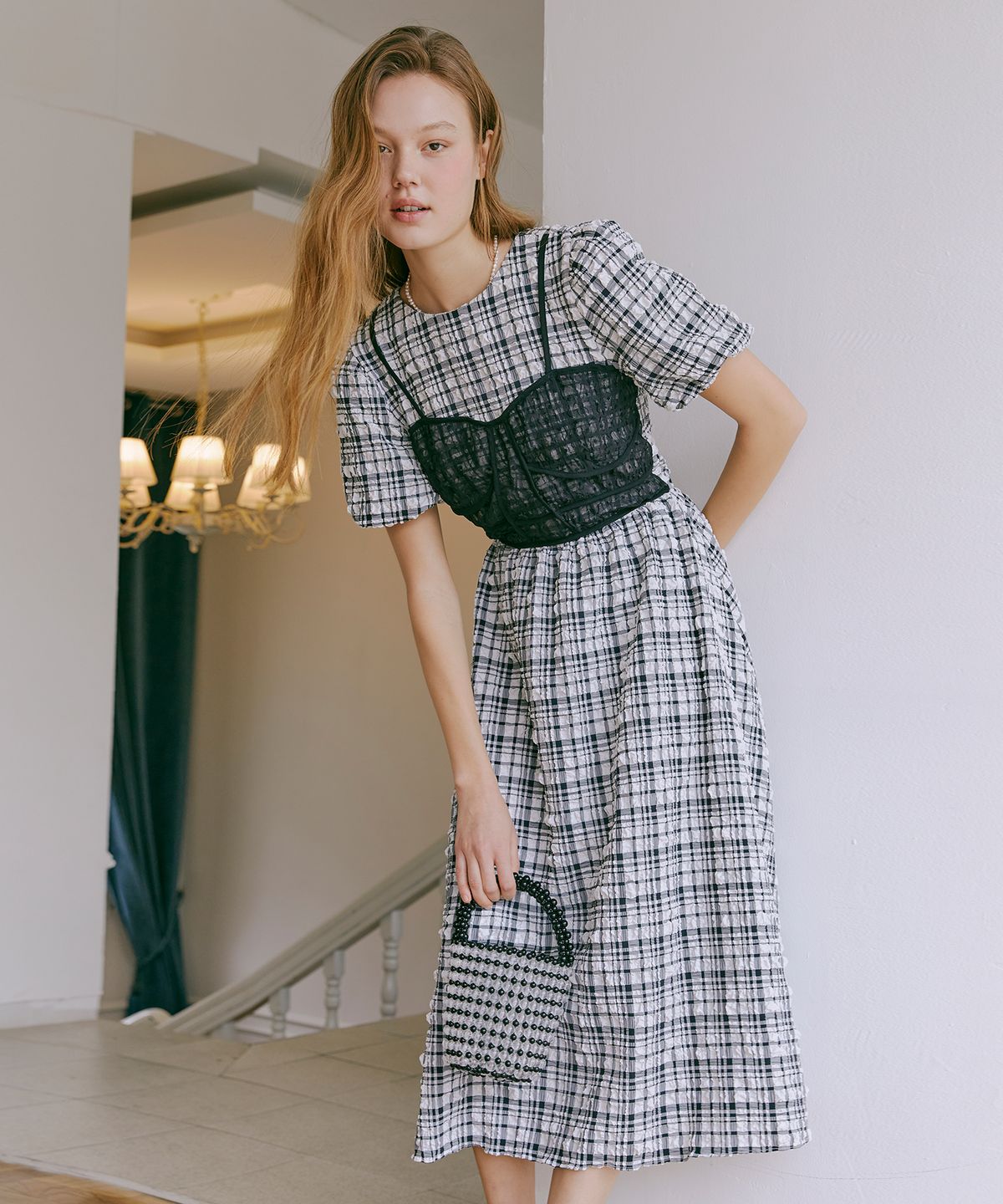 에트몽(ETMON) Check Bubble Bustier Dress  Black