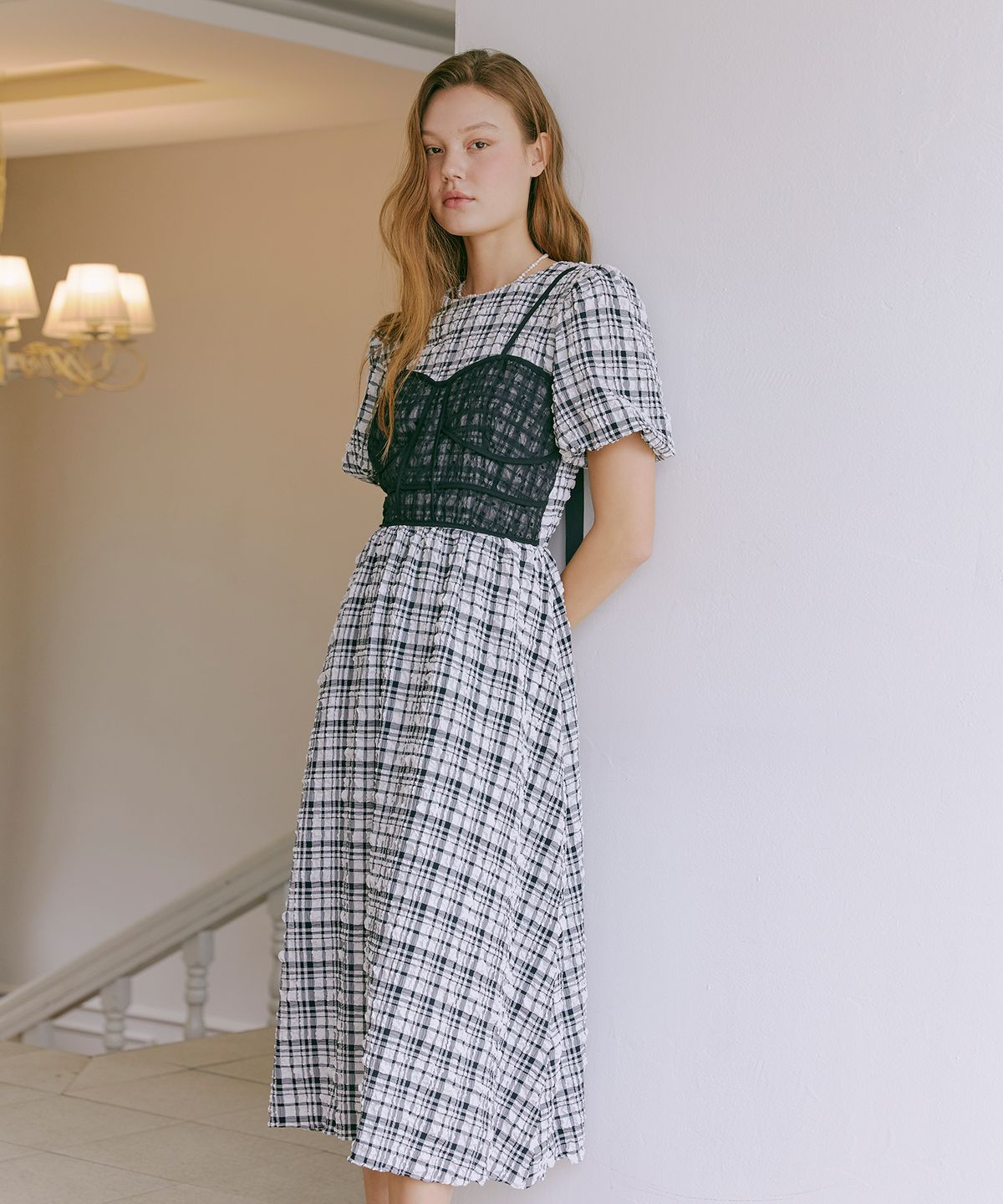 에트몽(ETMON) Check Bubble Bustier Dress  Black
