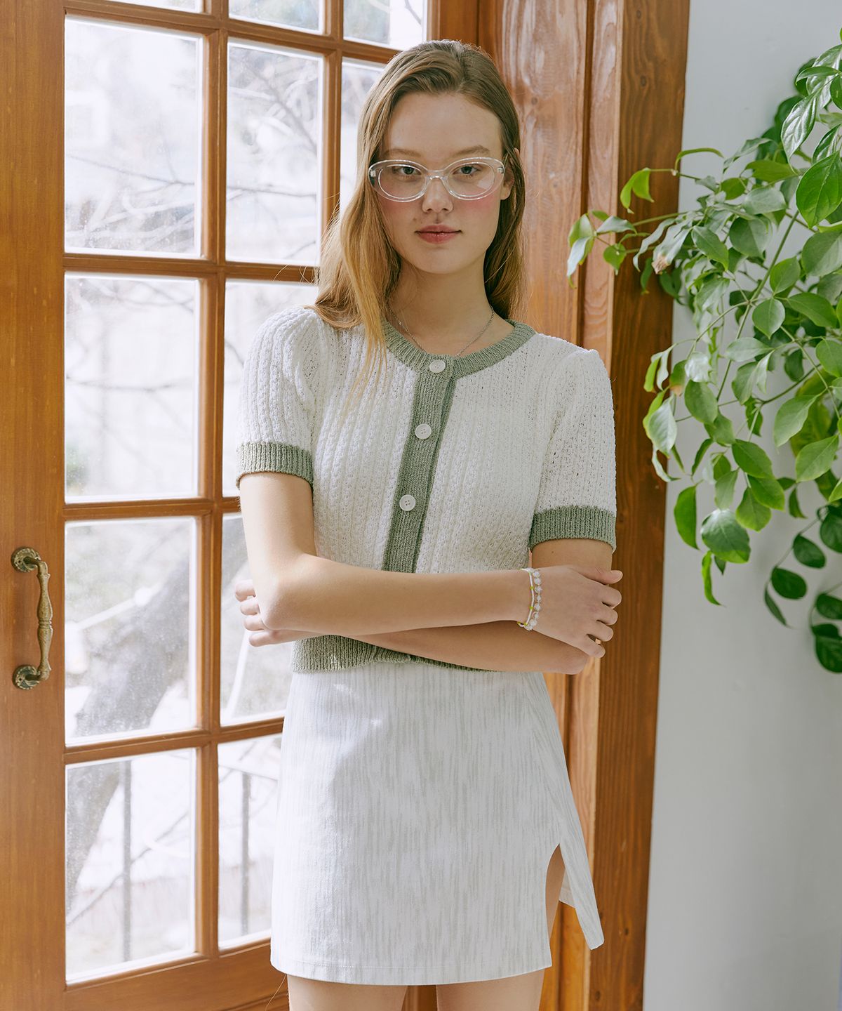 에트몽(ETMON) Color Block Knit Cardigan  Cream