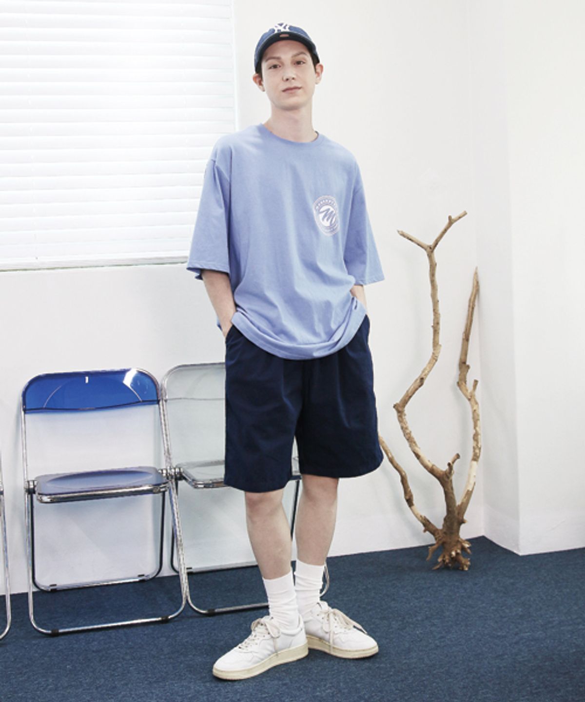 모더먼트(MODERMENT) 투턱 치노 워싱 와이드 반바지 [네이비]
