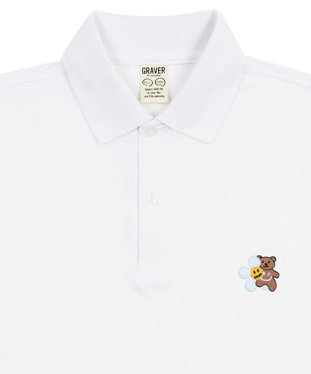 그레이버(GRAVER) [UNISEX]플라워 베어 자수 피케 반팔티셔츠_화이트