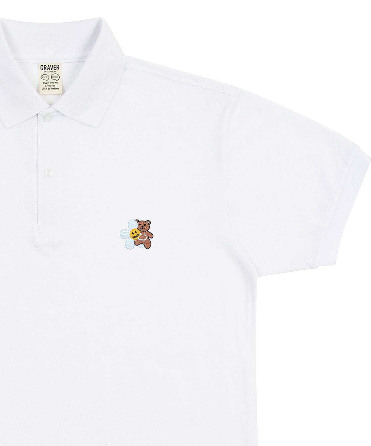 그레이버(GRAVER) [UNISEX]플라워 베어 자수 피케 반팔티셔츠_화이트