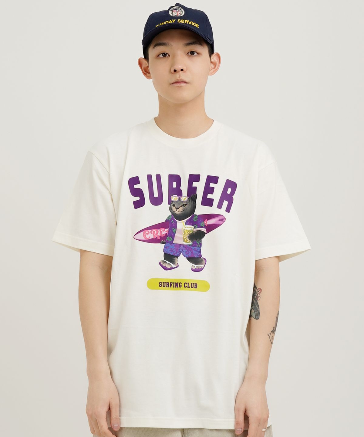 크림소다랩(CREAM SODA LAB) 그레이 서퍼 반팔티 아이보리 퍼플