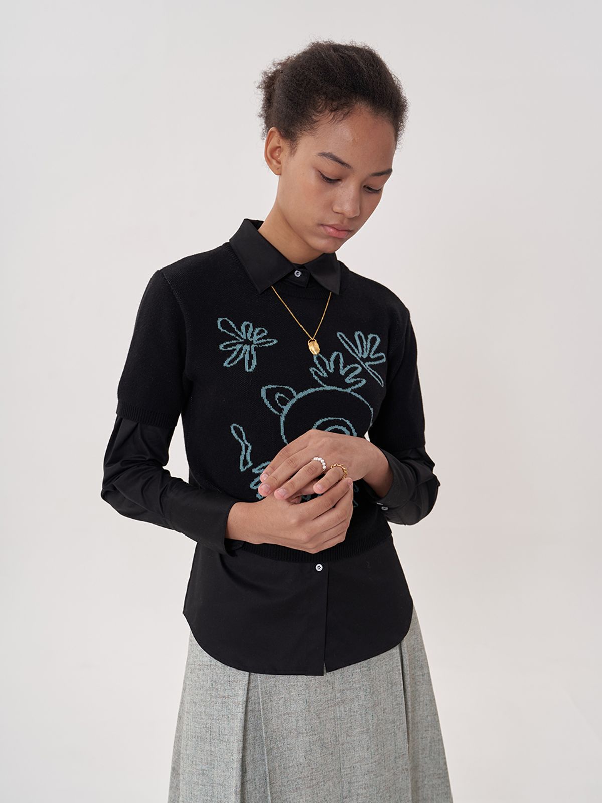 비먼(VIMUN) jacquard crop knit_black