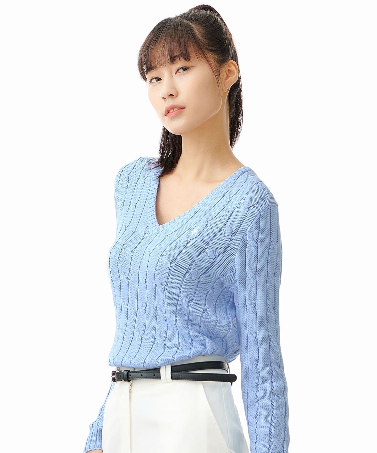 폴로 랄프 로렌(POLO RALPH LAUREN) W 케이블니트 V넥 스웨터 - 블루