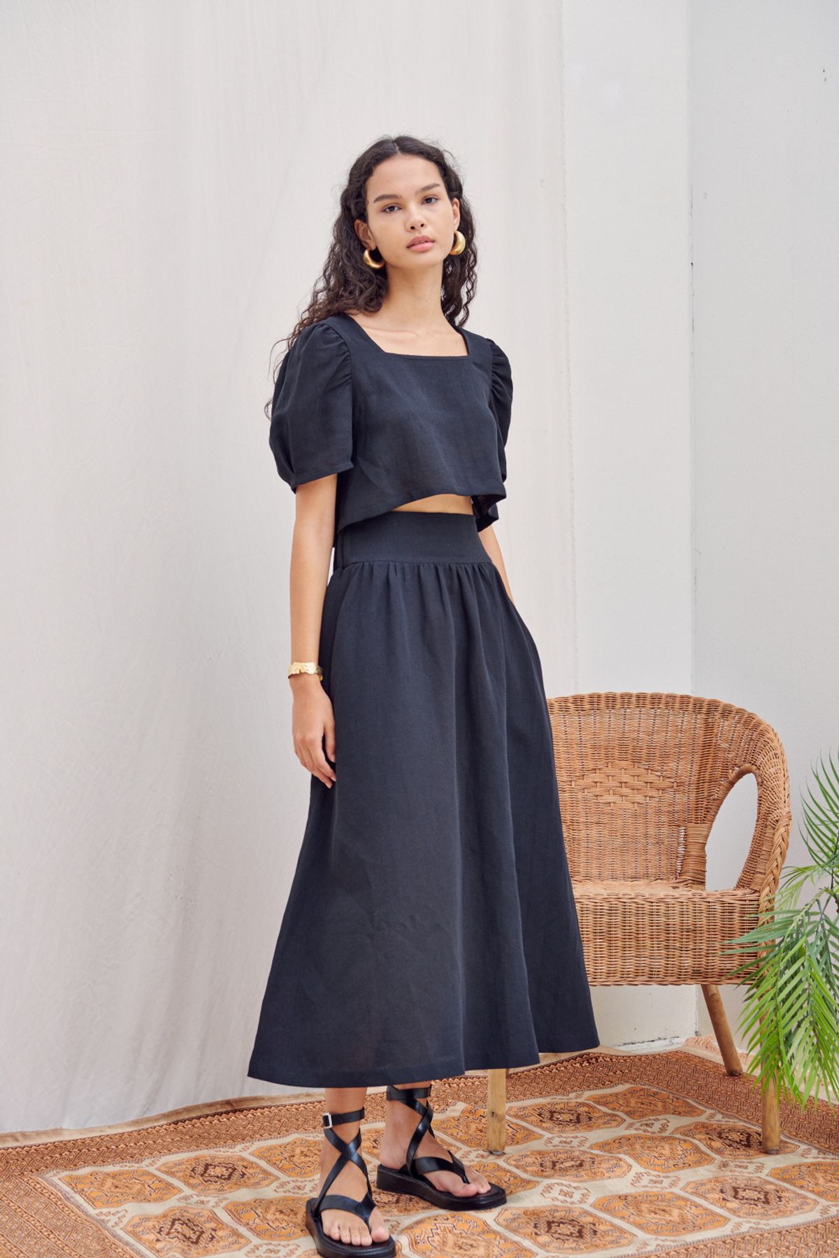 나루강(NARU KANG) (set-up)Linen Cotton Cropped Top + Wide Waist Skirts