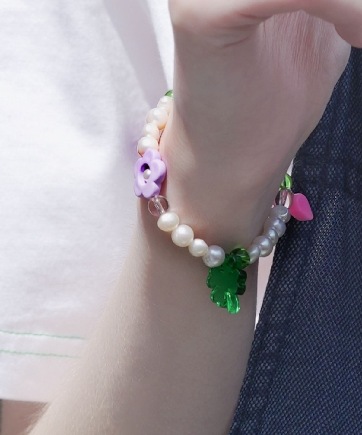 봉보(BONBEAU) Water pearl flower clover Bracelet 담수 진주 플라워 클로버 참 밴딩 팔찌