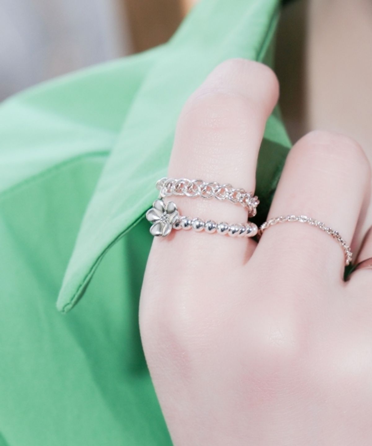 봉보(BONBEAU) Silver flower charm point ring 925실버 꽃 참 담수진주 실버볼 글라스볼 반지
