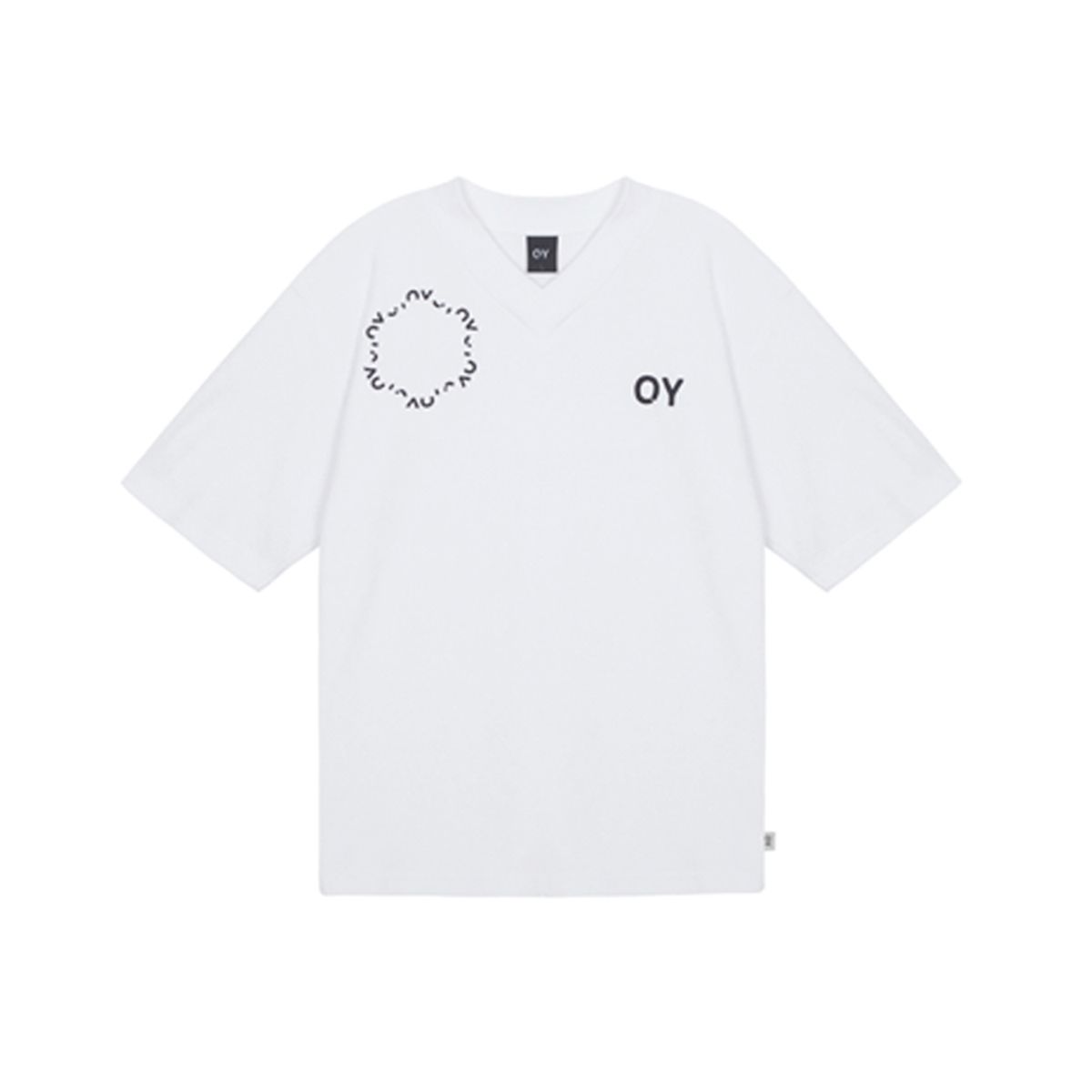 오픈야드(오와이)(OPENYARD(OY)) 테리 라운드 로고 브이넥 티-화이트
