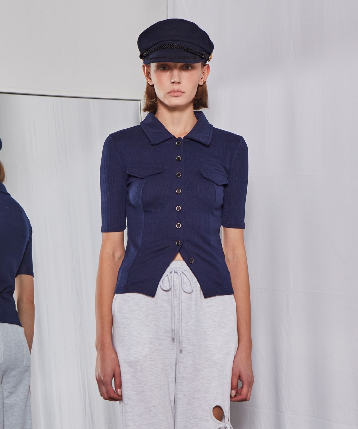 파베르핑거(FABER FINGER) Collar Button Ribbed T-shirt (Navy)
