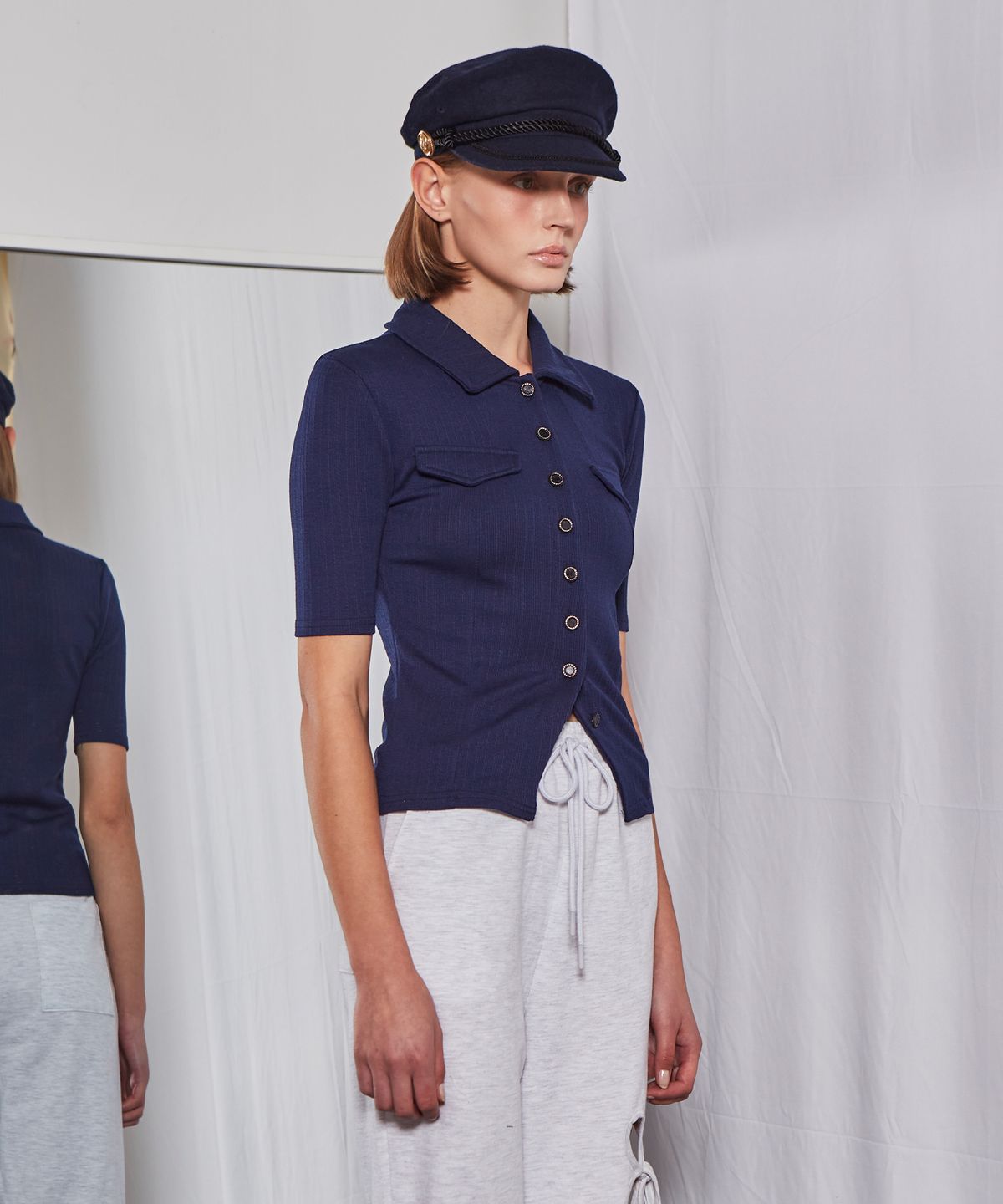 파베르핑거(FABER FINGER) Collar Button Ribbed T-shirt (Navy)