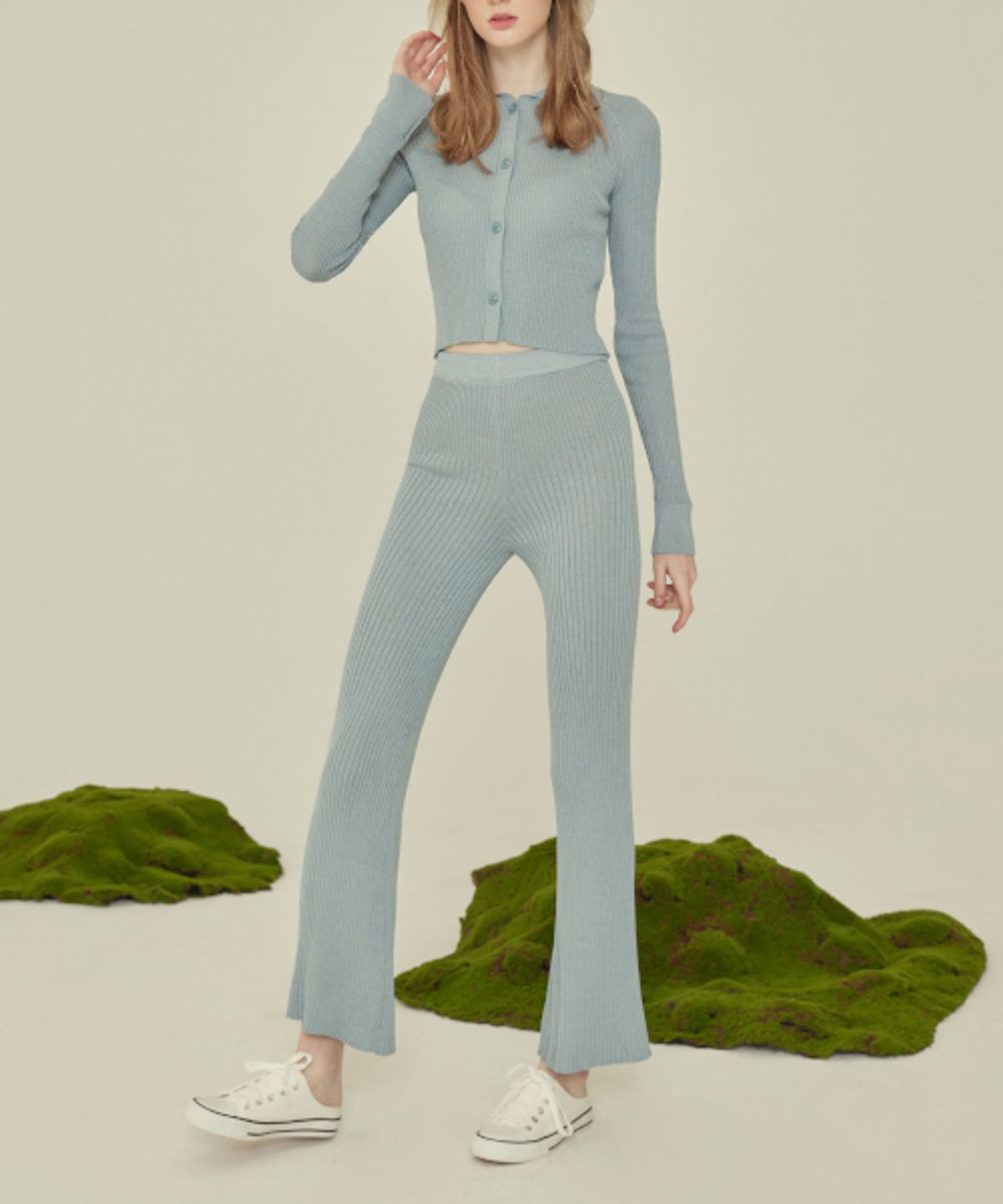 꾸아페(QUAFE) KNIT BOOTCUT PANTS_Windy blue