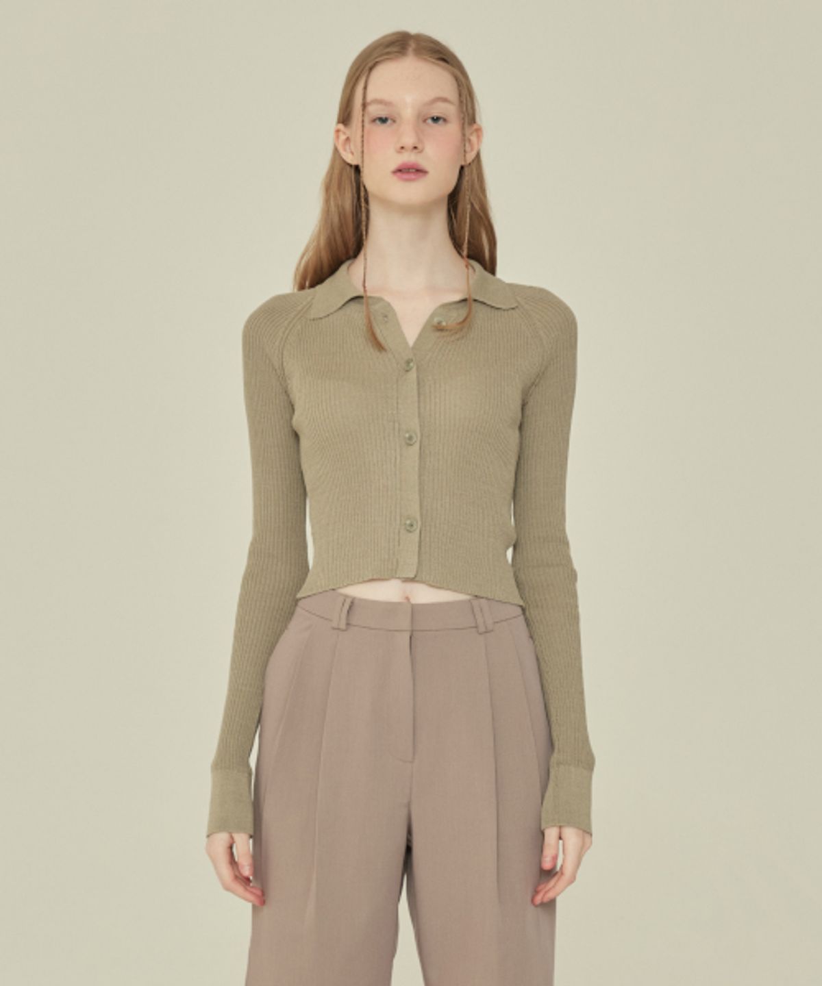 꾸아페(QUAFE) CROP KNIT COLLAR CARDIGAN_Olive