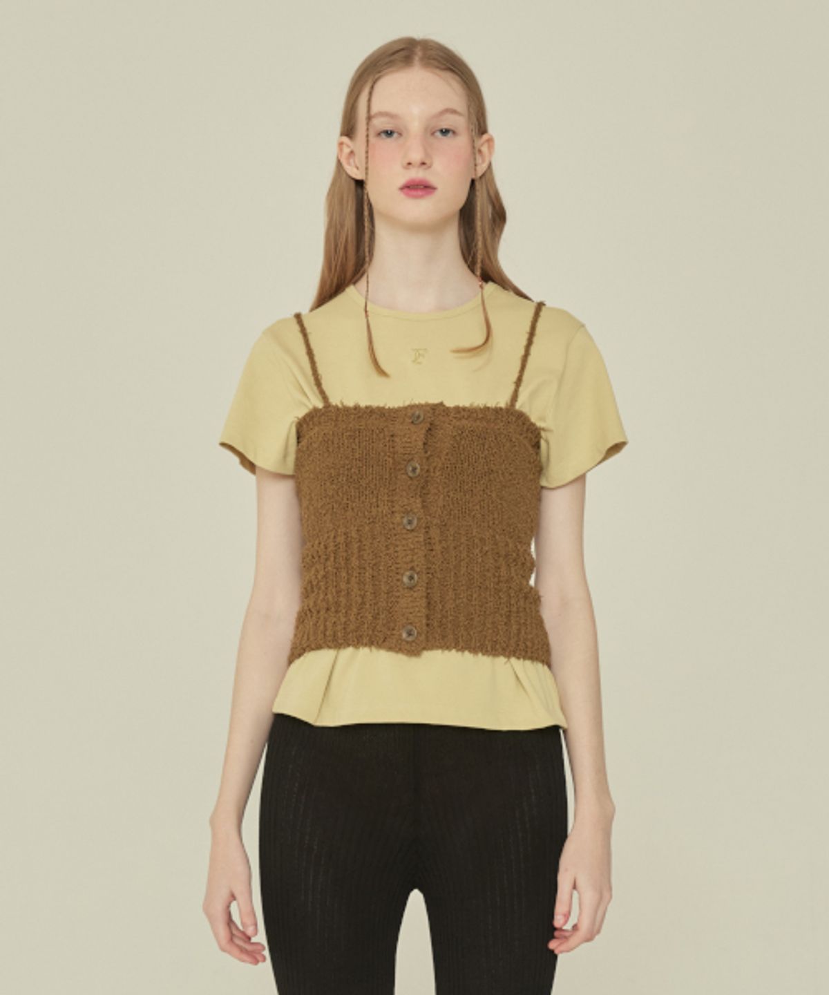 꾸아페(QUAFE) KNIT BUTTON BUSTIER_Khaki brown