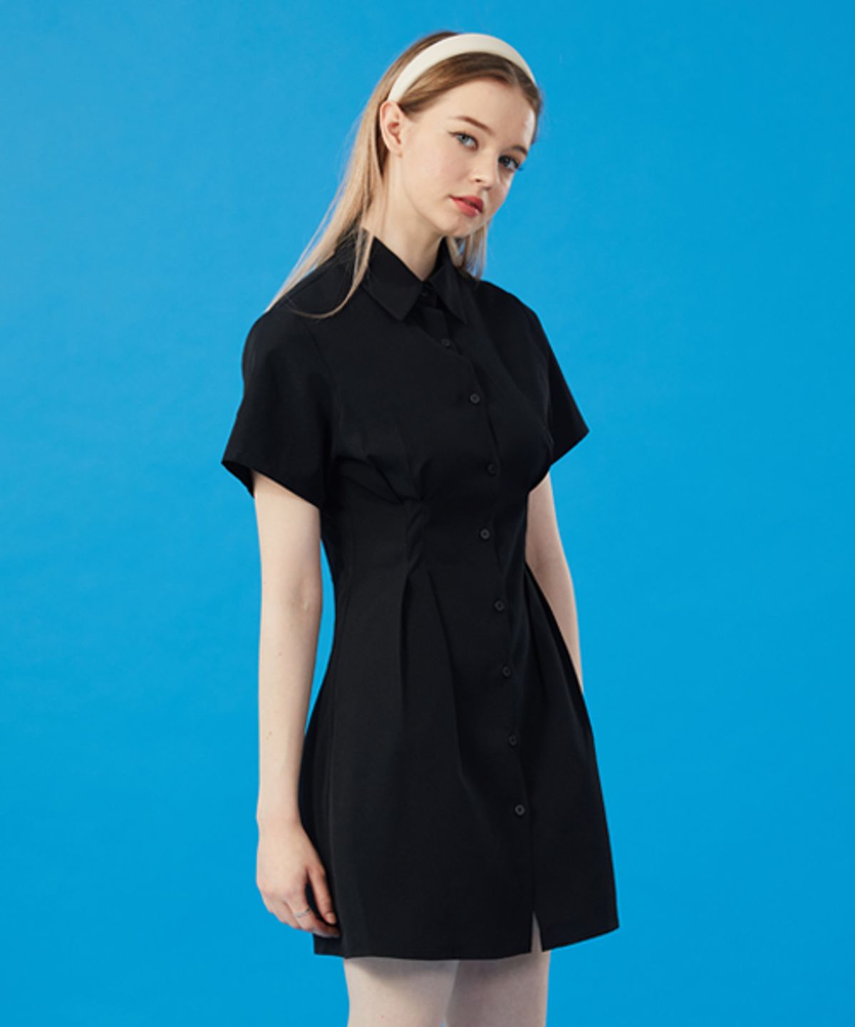 콜릿(KOLEAT) WOMEN 크롭 슬림 무지 반팔 셔츠 미니 원피스 [BLACK] 스커트 치마 ver.