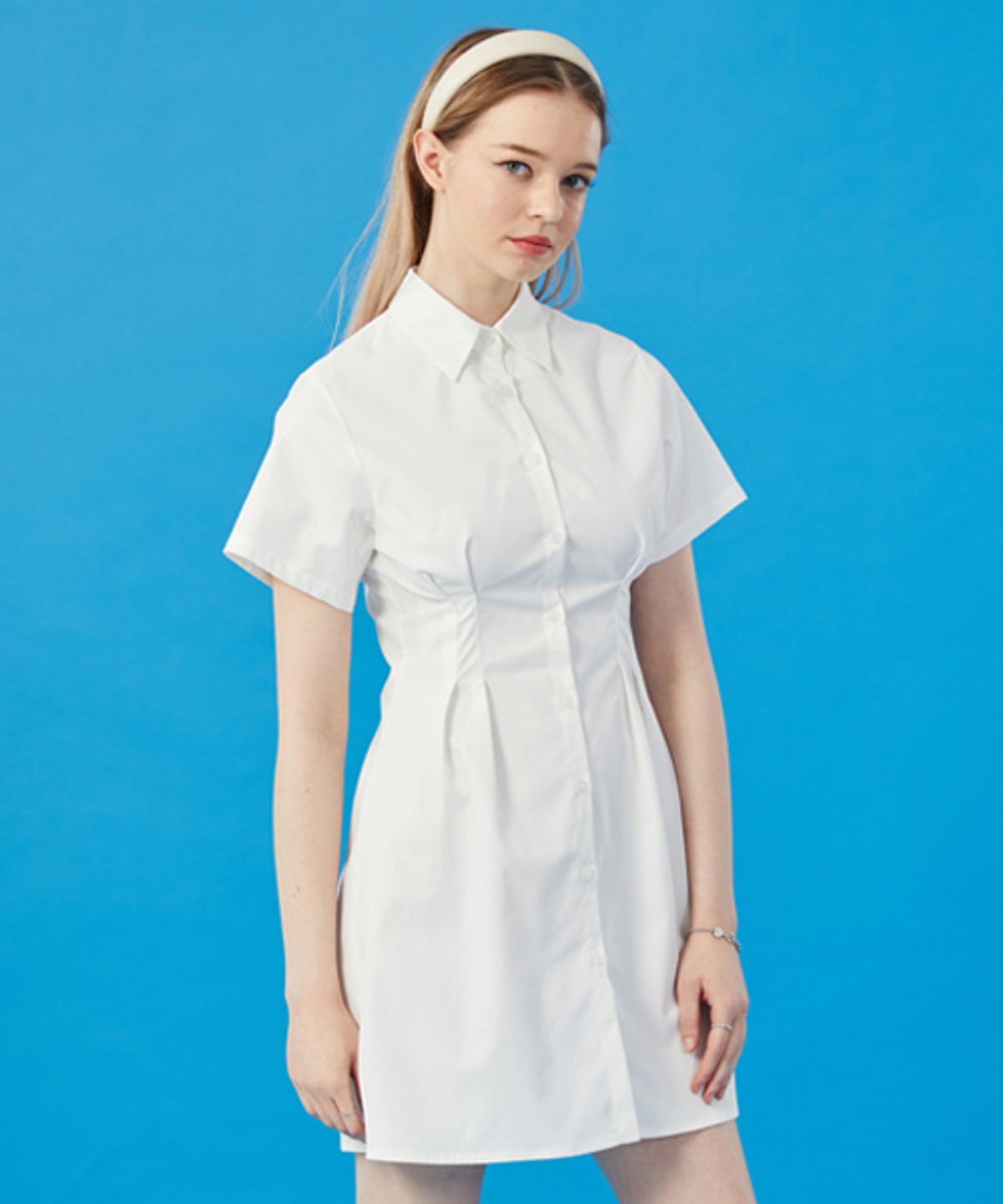 콜릿(KOLEAT) WOMEN 크롭 슬림 무지 반팔 셔츠 미니 원피스 [WHITE] 스커트 치마 ver.