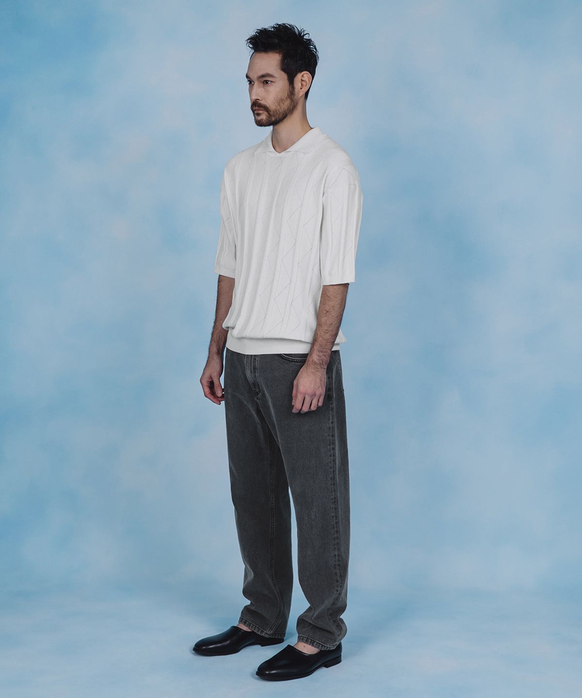 셔터(SHIRTER) FINE GUAGE RESORT COLLAR HALF KNIT (OFF WHITE)