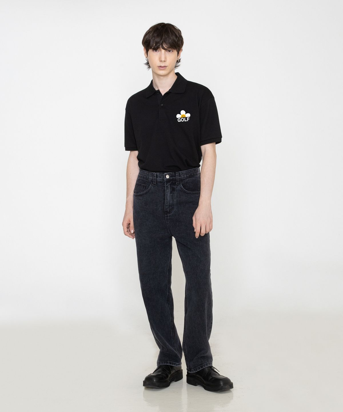 그레이버(GRAVER) [UNISEX]골프 플라워 스마일 피케 반팔티셔츠_블랙