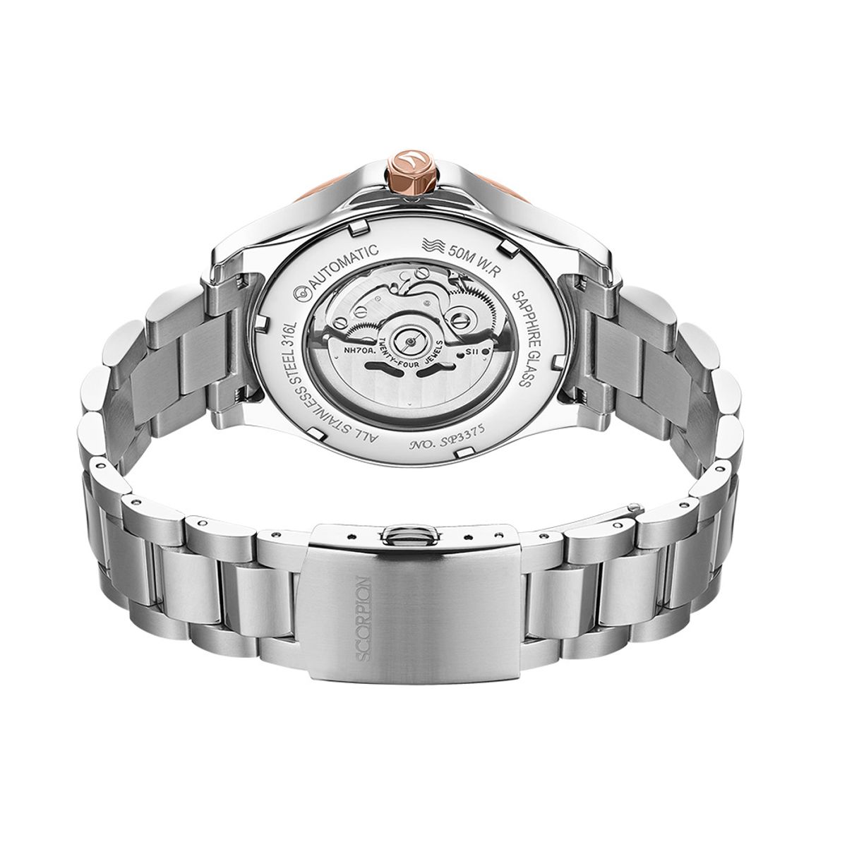 스콜피온(SCORPION) 42mm 스켈레톤 오토매틱 메탈워치 SP3375M-WRG