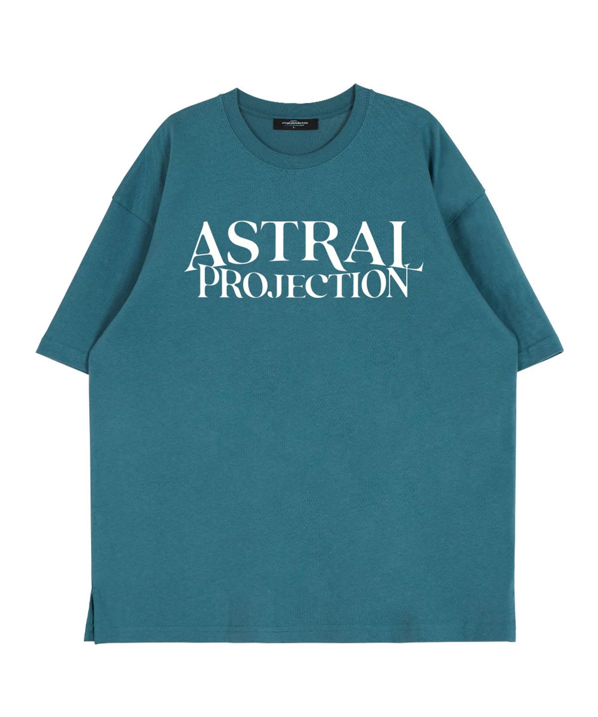 아스트랄 프로젝션(ASTRAL PROJECTION) 베이직 레터링 로고 라운드 넥  15수 면 반팔 티셔츠_블루그린