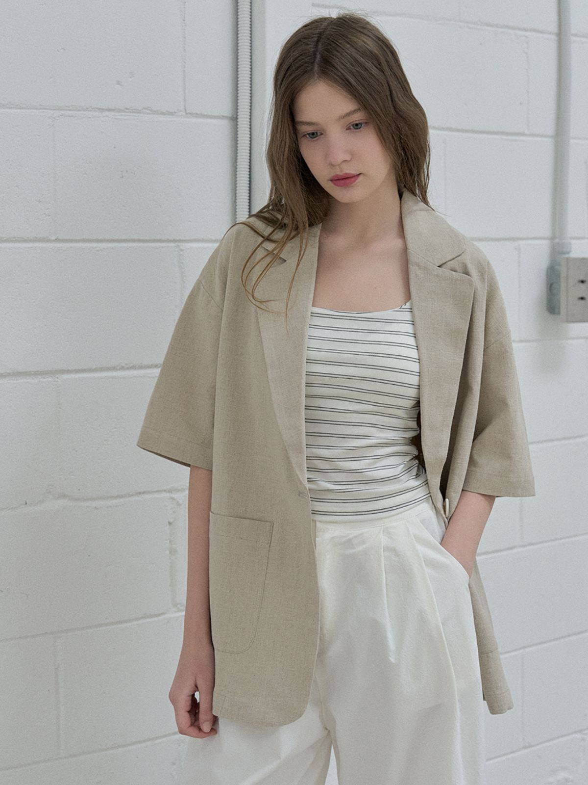 아방(AVANT-G) Linen Overfit Basic Tailored Jacket - Beige
