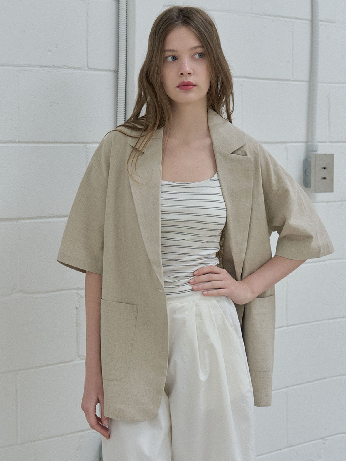 아방(AVANT-G) Linen Overfit Basic Tailored Jacket - Beige