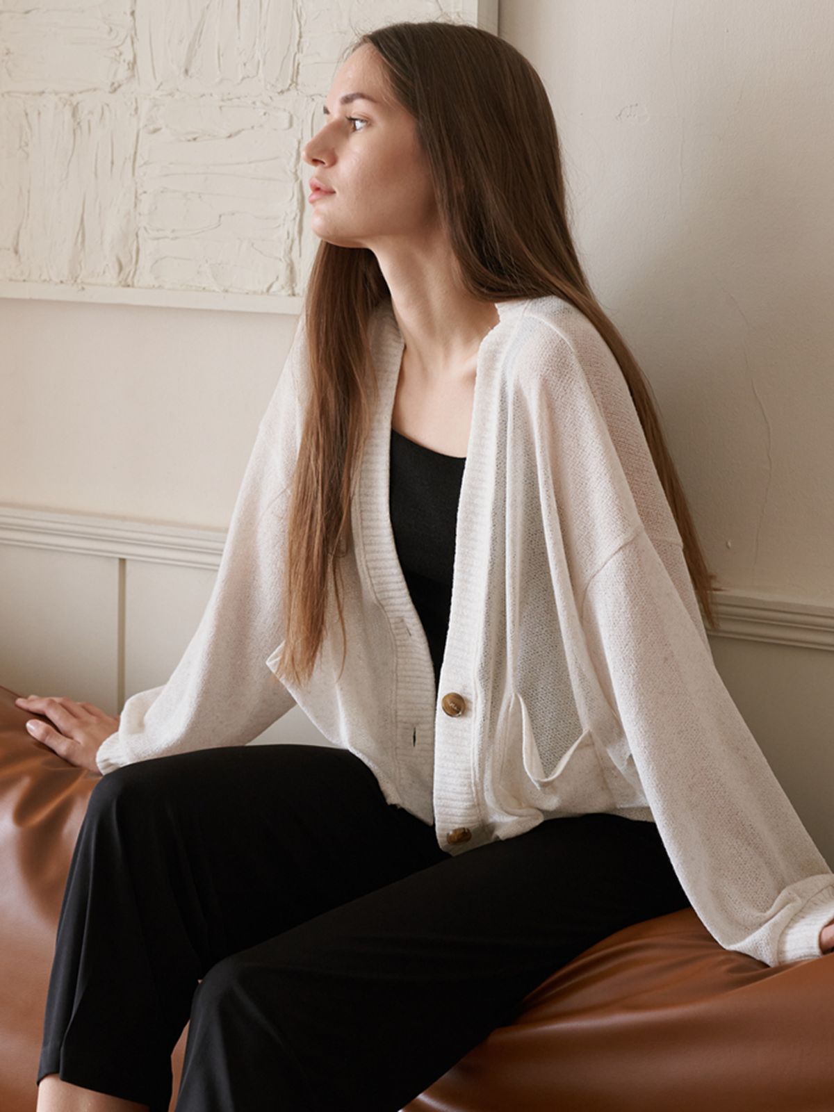 아방(AVANT-G) Linen Overfit Basic Knit Cardigan - Ivory