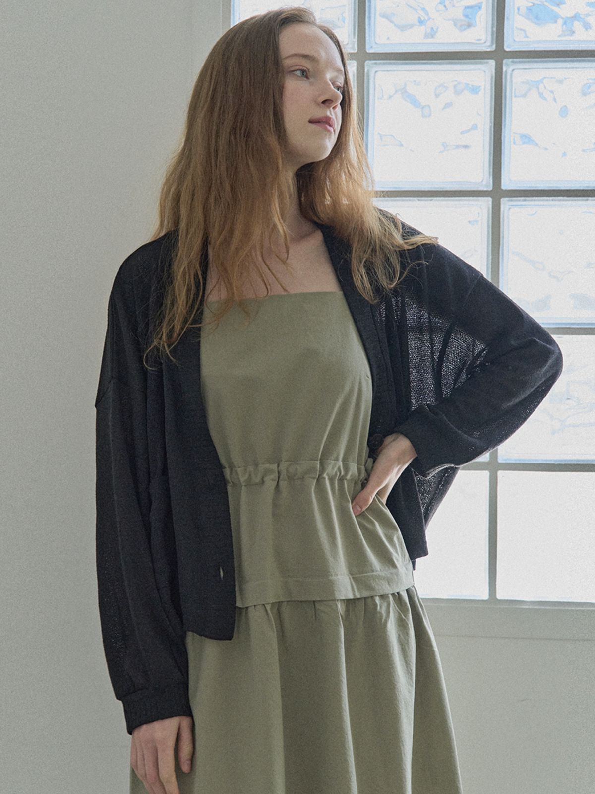 아방(AVANT-G) Linen Overfit Basic Knit Cardigan -Black