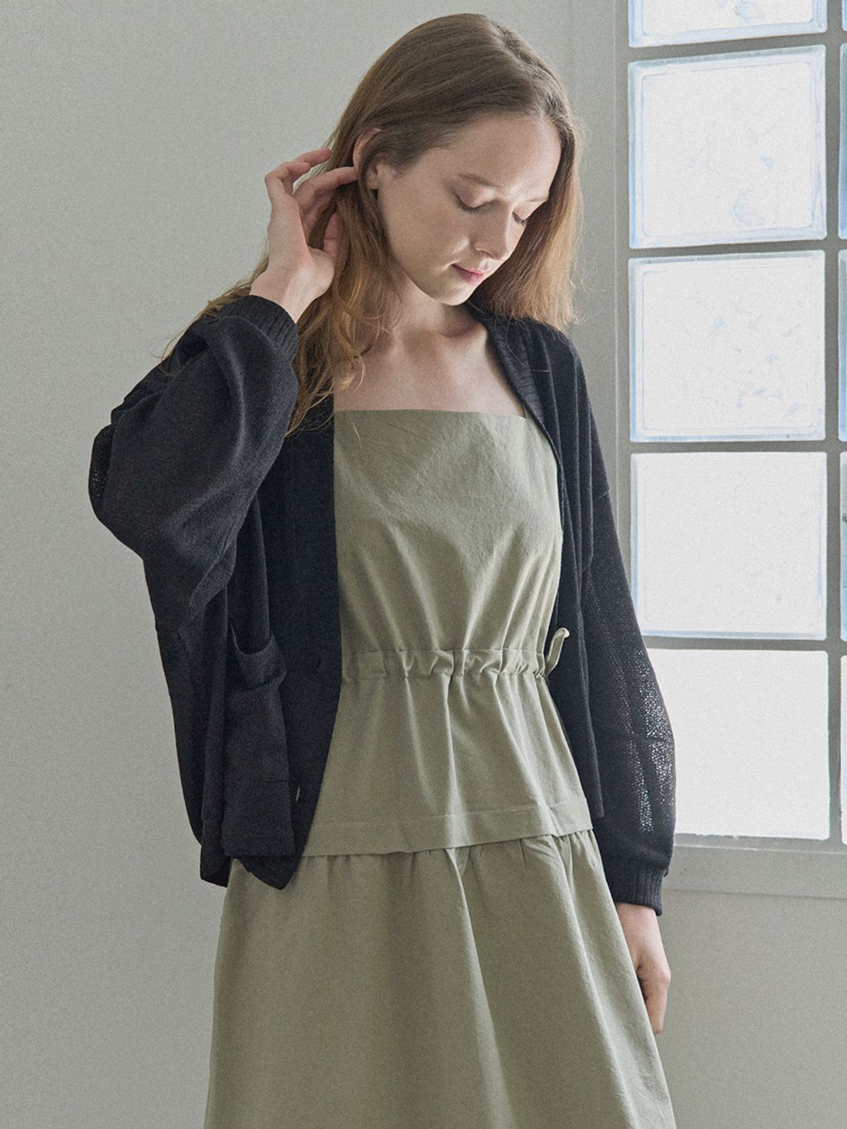 아방(AVANT-G) Linen Overfit Basic Knit Cardigan -Black