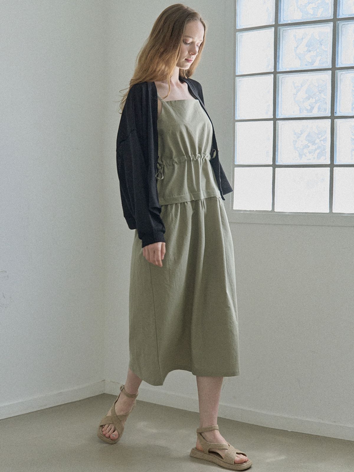 아방(AVANT-G) Cotton Washing Sleeveless Dress - Khaki