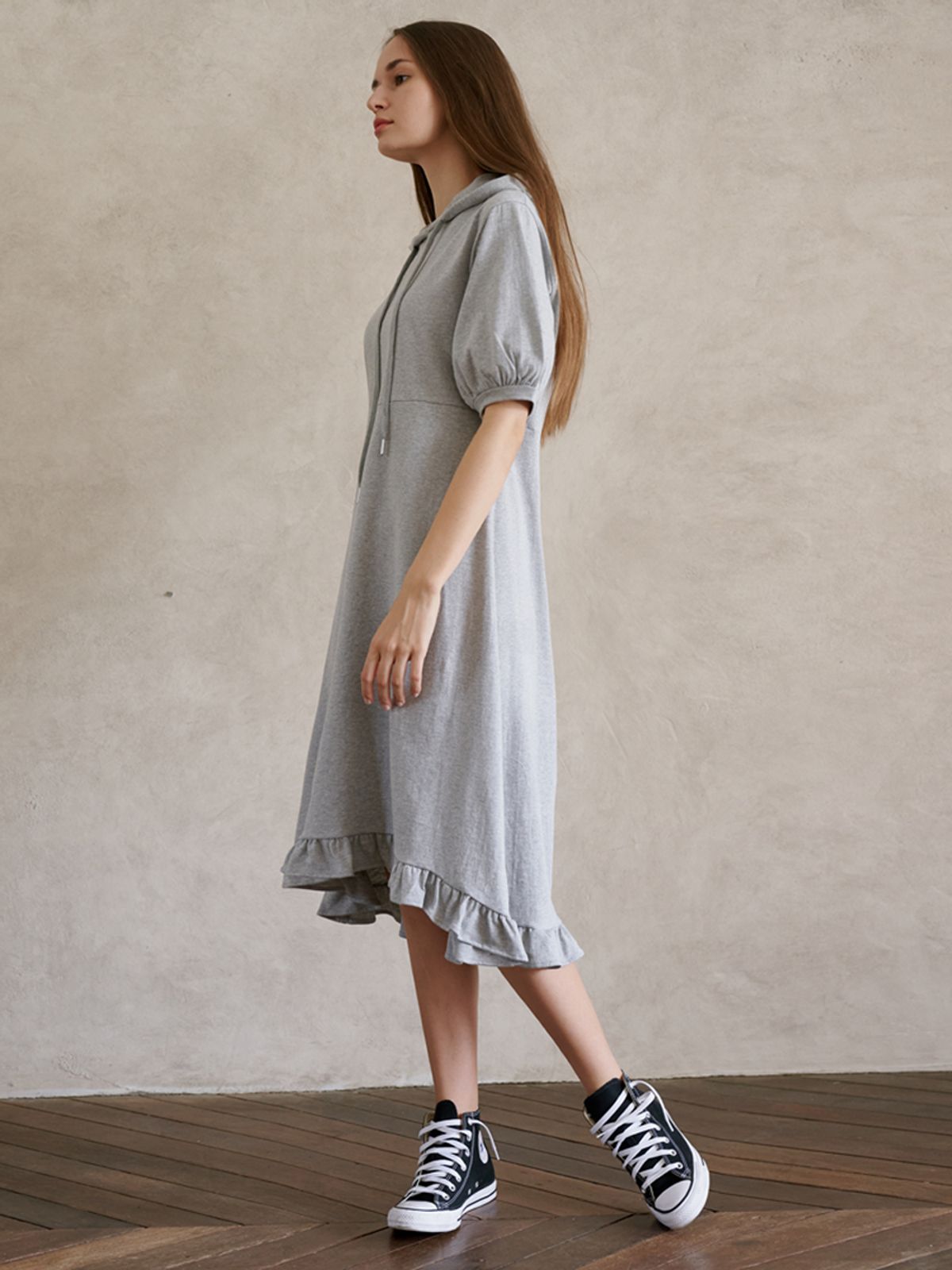 아방(AVANT-G) Short Sleeve Hooded Frill Dress- Grey
