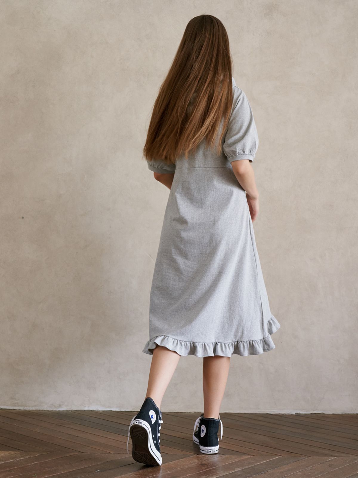 아방(AVANT-G) Short Sleeve Hooded Frill Dress- Grey