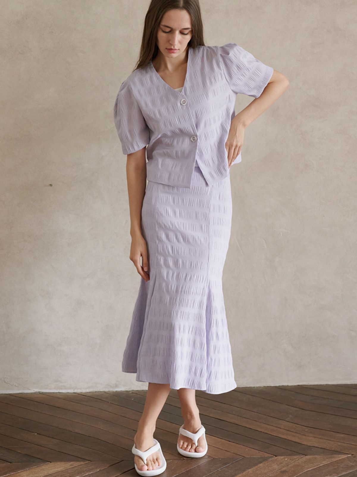 아방(AVANT-G) Check Pleats Banding Skirt - Lavender