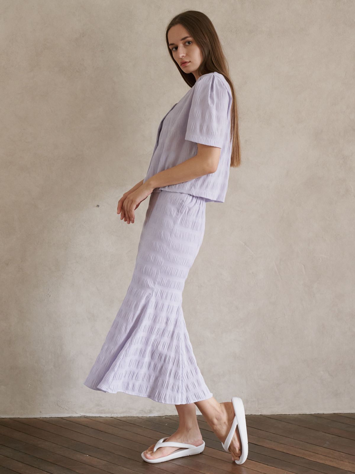 아방(AVANT-G) Check Pleats Banding Skirt - Lavender