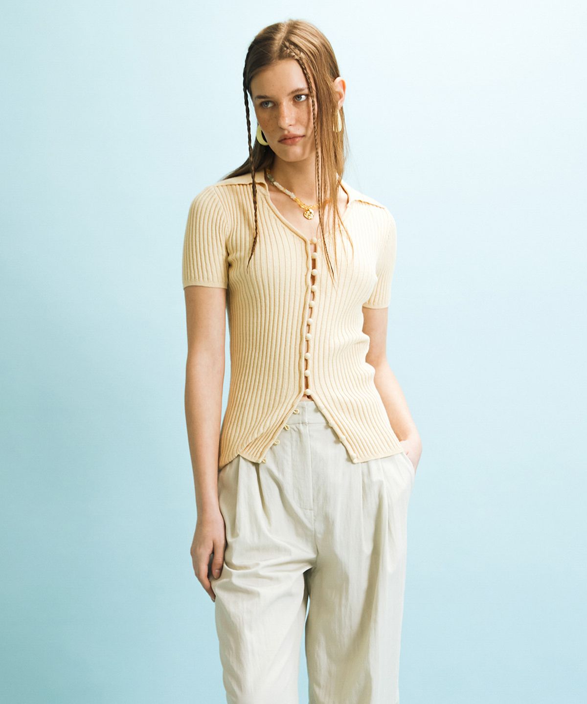 엔오르(EN OR) BUTTON SLIM CARDIGAN - YELLOW