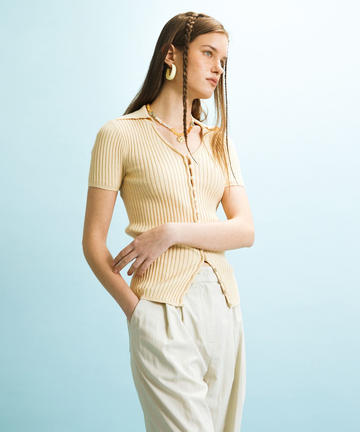엔오르(EN OR) BUTTON SLIM CARDIGAN - YELLOW