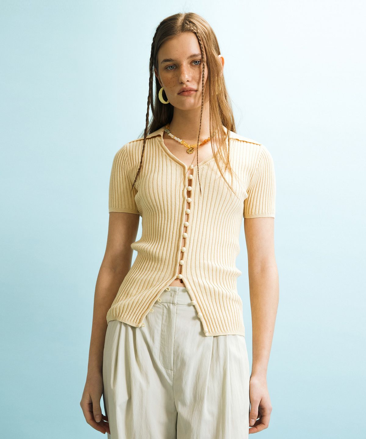 엔오르(EN OR) BUTTON SLIM CARDIGAN - YELLOW