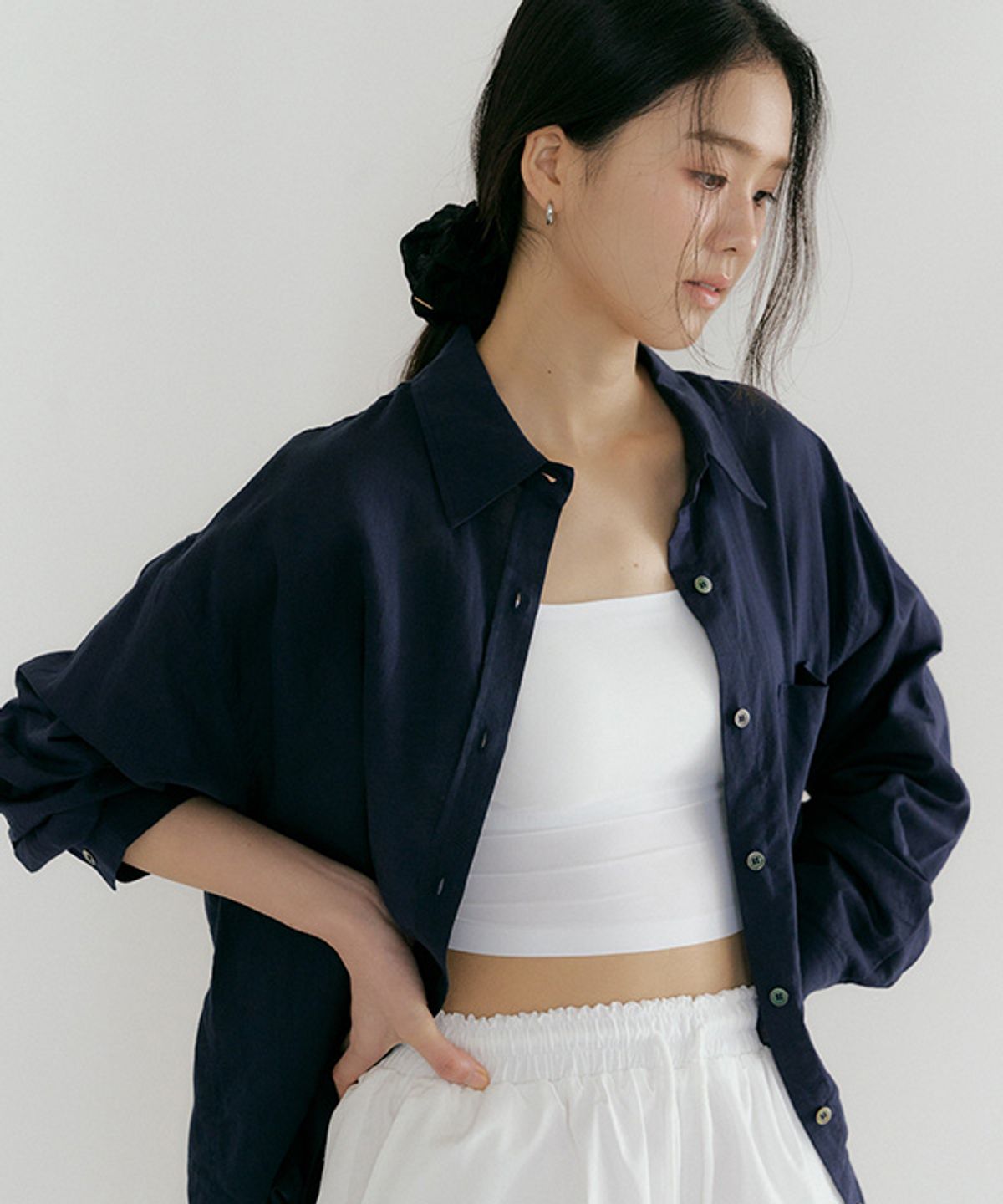 링서울(LINGSEOUL) linen bamboo blended wrap shirt-navy