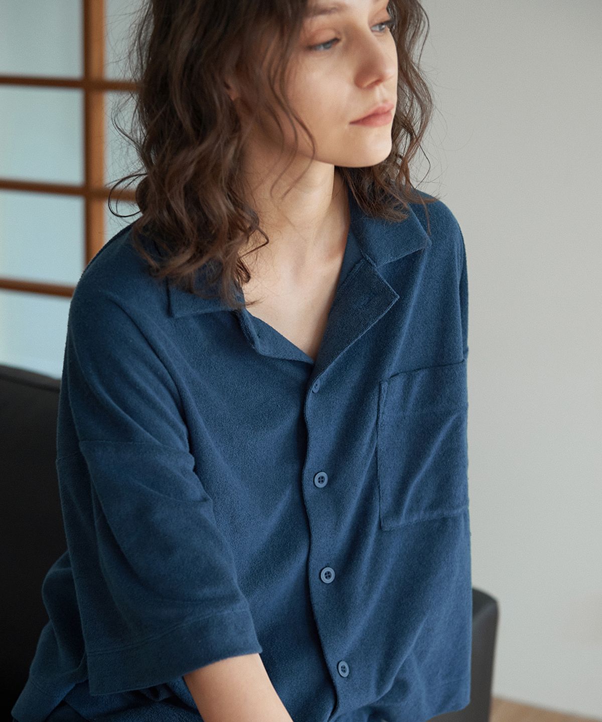 티에스에이치(TSH) 테리 크롭 파자마 세트 - 네이비