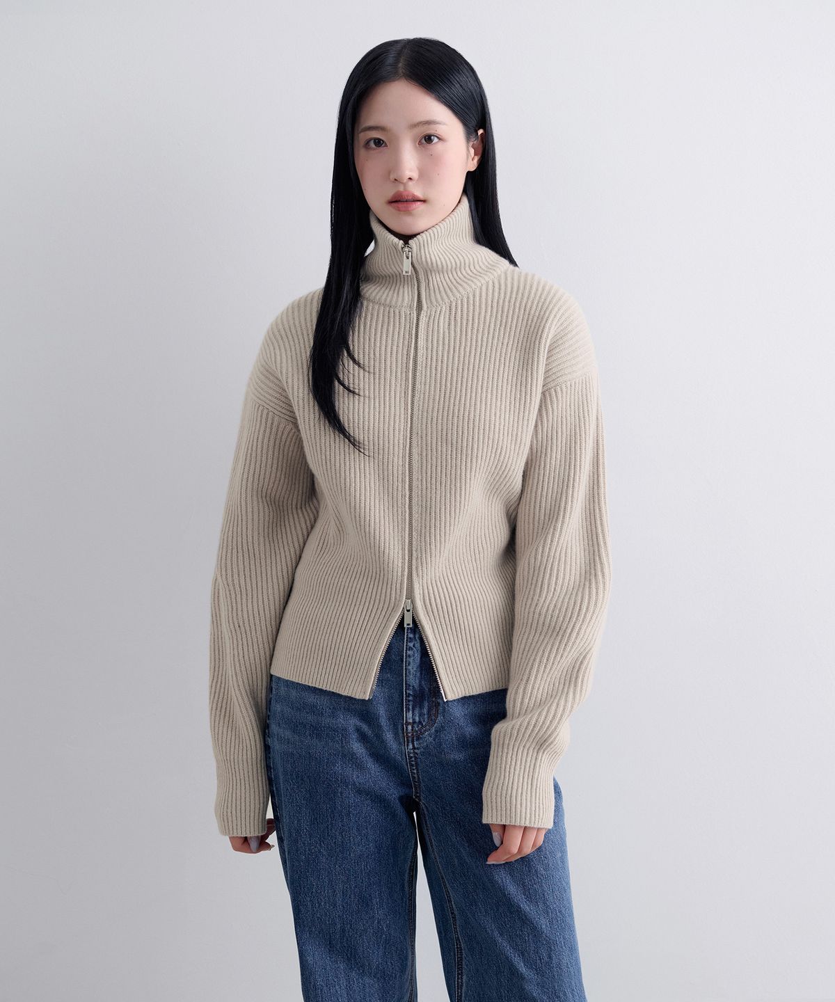 무신사 스탠다드 우먼(MUSINSA STANDARD WOMAN) 우먼즈 램스울 리브드 니트 집업 [머쉬룸]