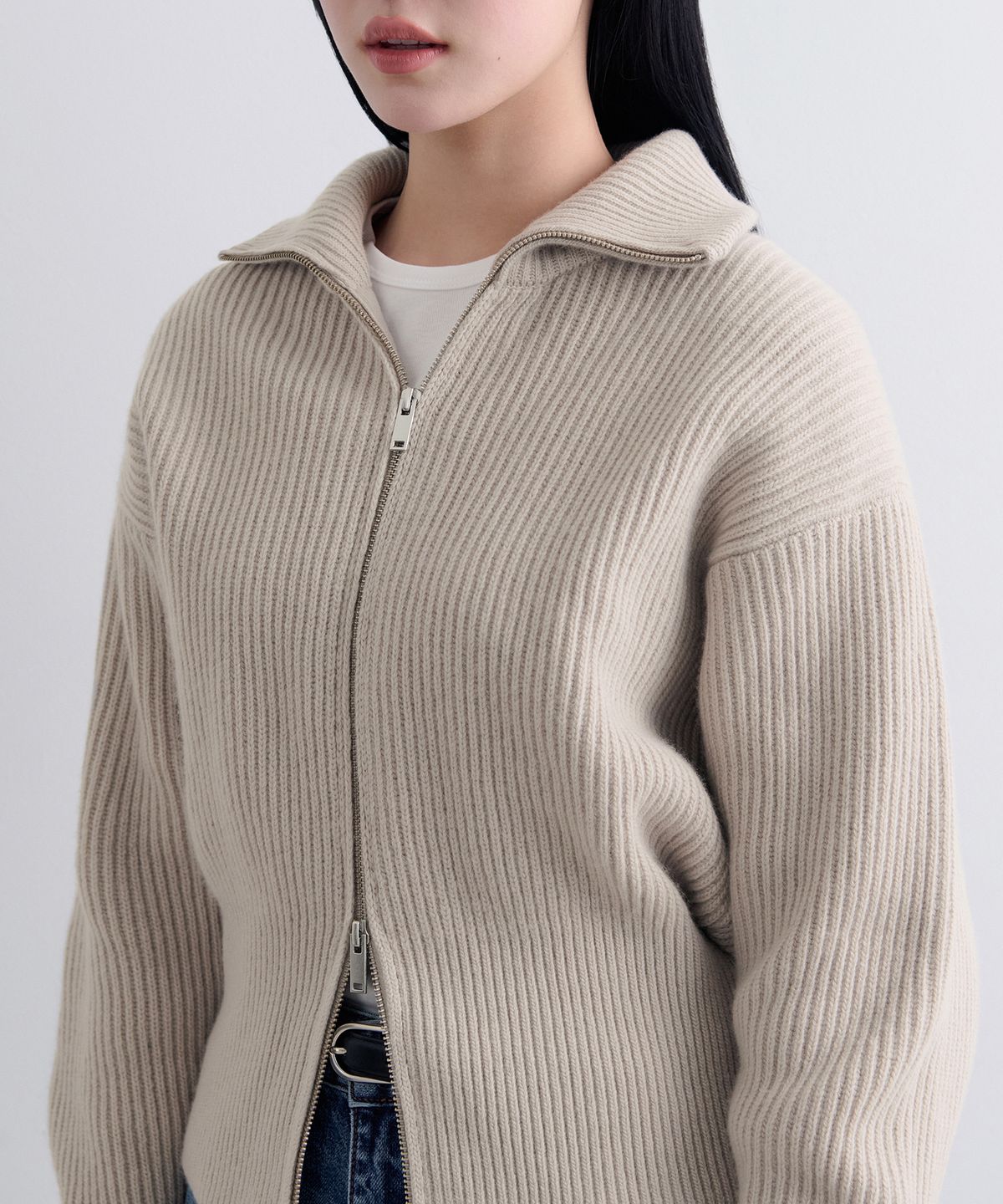 무신사 스탠다드 우먼(MUSINSA STANDARD WOMAN) 우먼즈 램스울 리브드 니트 집업 [머쉬룸]