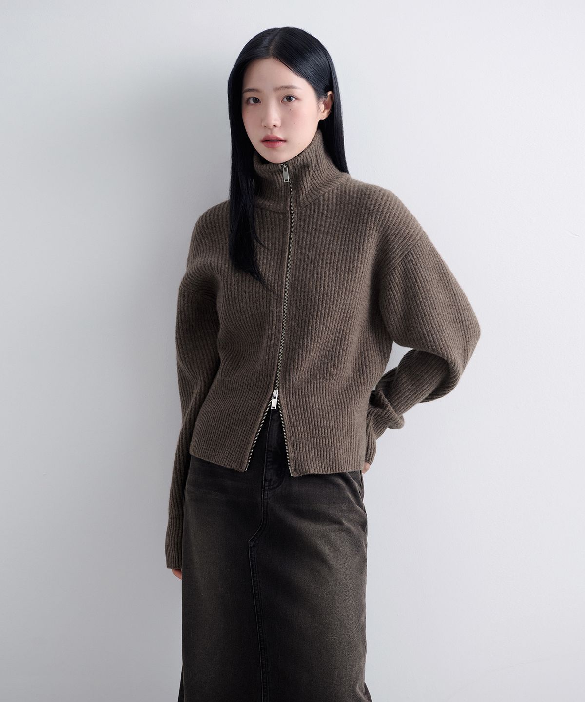 무신사 스탠다드 우먼(MUSINSA STANDARD WOMAN) 우먼즈 램스울 리브드 니트 집업 [헤더 브라운]