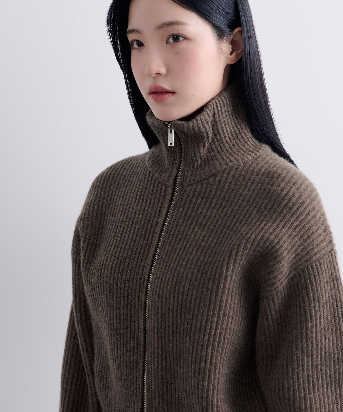 무신사 스탠다드 우먼(MUSINSA STANDARD WOMAN) 우먼즈 램스울 리브드 니트 집업 [헤더 브라운]