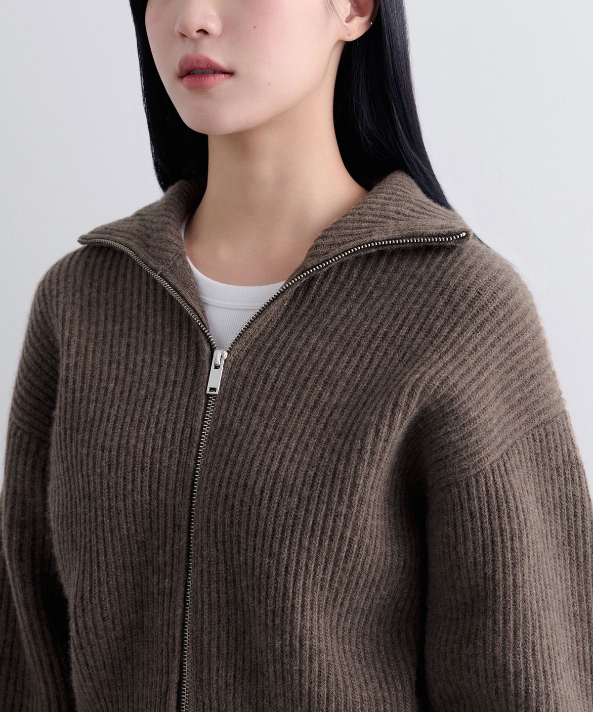 무신사 스탠다드 우먼(MUSINSA STANDARD WOMAN) 우먼즈 램스울 리브드 니트 집업 [헤더 브라운]