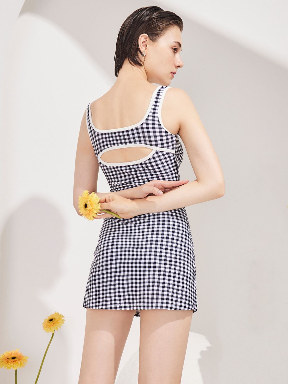 보헤미안블루(BOHEMIANBLUE) SET 깅엄 스퀘어넥 원피스수영복 셋업