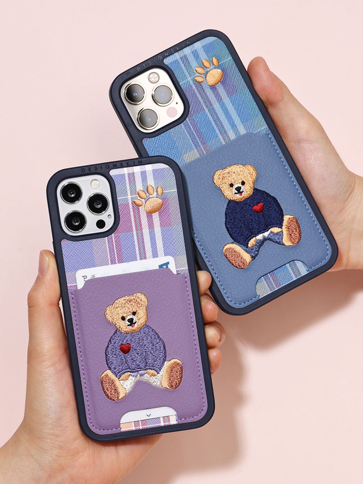 디자인스킨(DESIGNSKIN) 자수 하트 베어 포켓 케이스 바이올렛