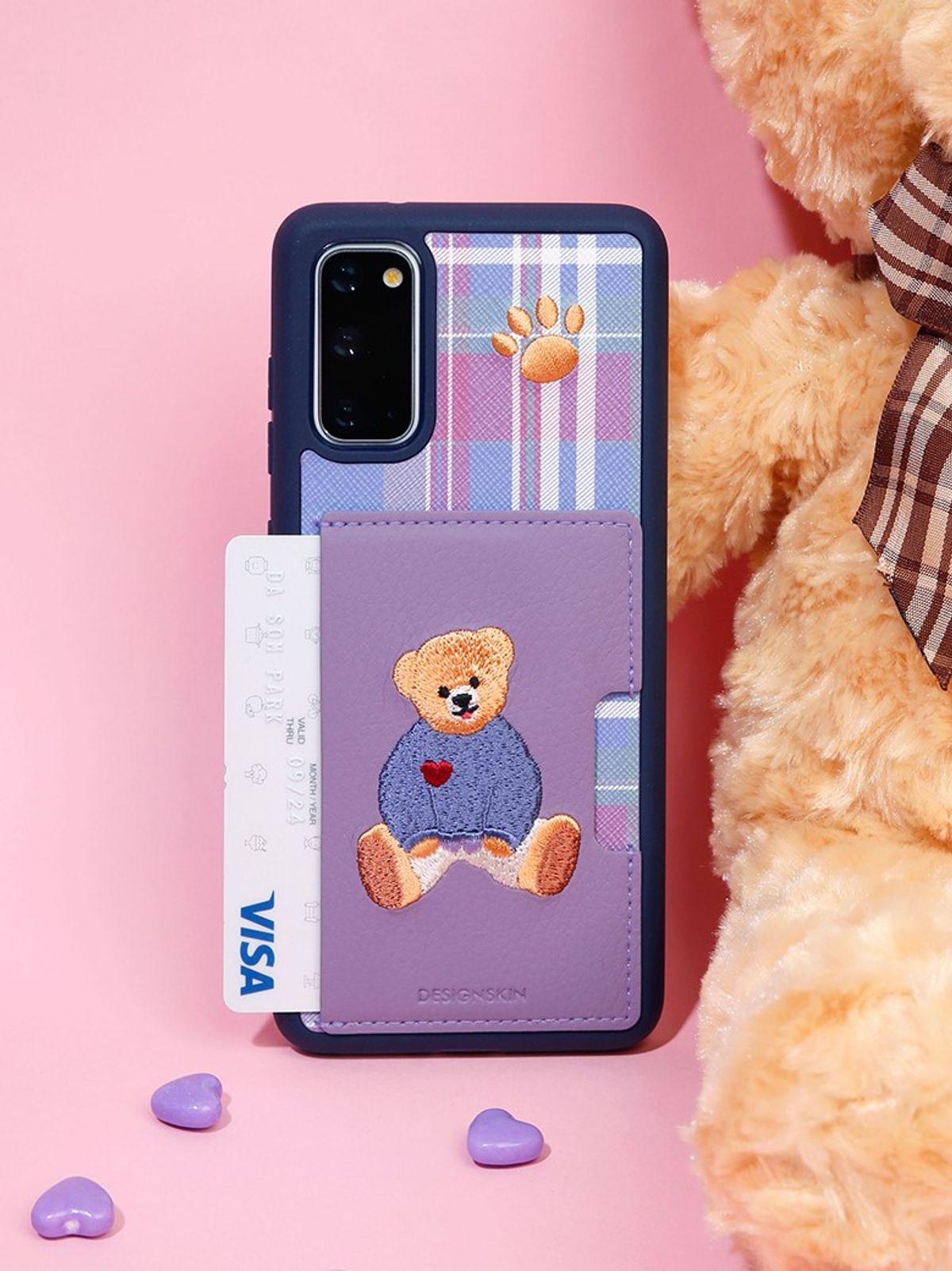 디자인스킨(DESIGNSKIN) 자수 하트 베어 포켓 케이스 바이올렛